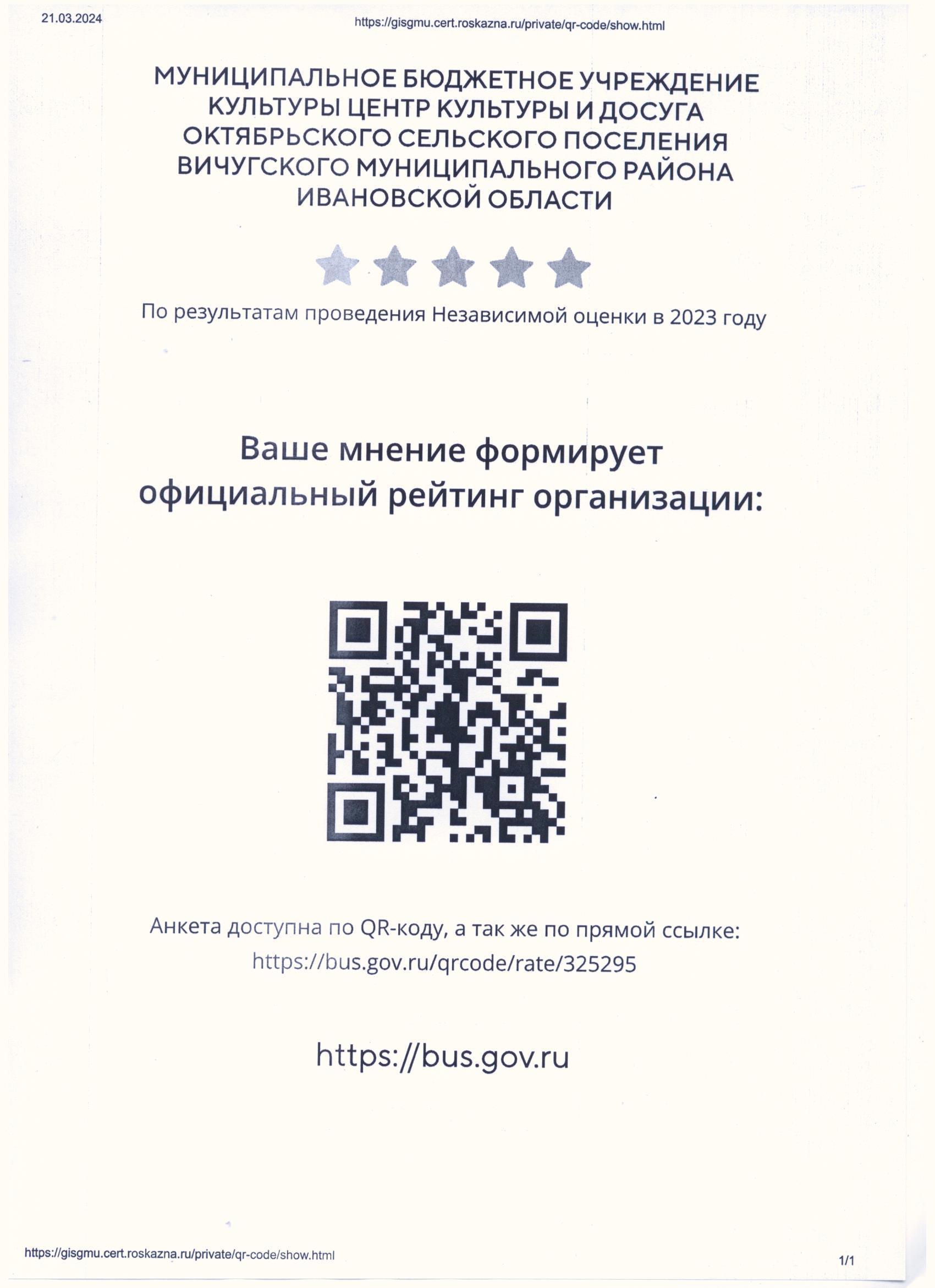 Независимая оценка качества работы МБУК ЦКиД Октябрьского сельского поселения.